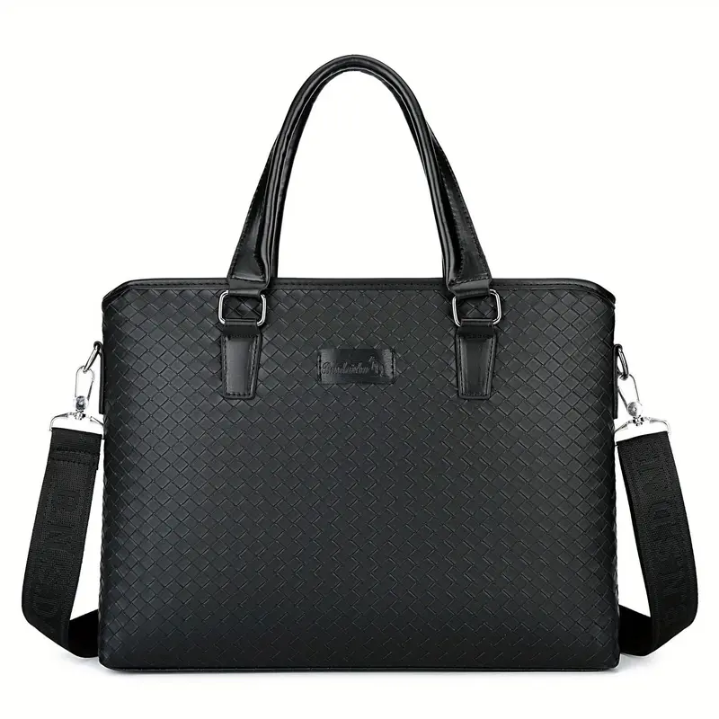 Men's Business Casual PU Leather Woven Briefcase Laptop Bag - Large Capacity with Multiple Compartments, Adjustable Shoulder Strap & Top Handle, Sleek Black for Office, Travel, Everyday Use, Computer Laptop Carry Bag, Durable Woven Texture 1