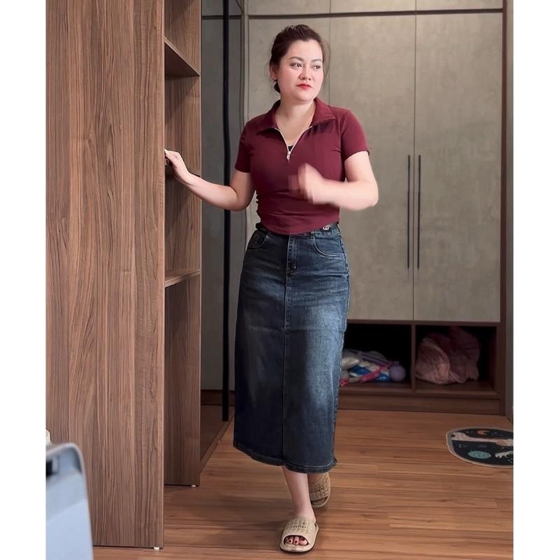 703 BL599 Chân váy jean nữ cạp cao , chân váy bò nữ co dãn lưng cao 2 cúc 2 túi sau phía trước cạp tang đen tạo kiểu xẻ sau Women Voan