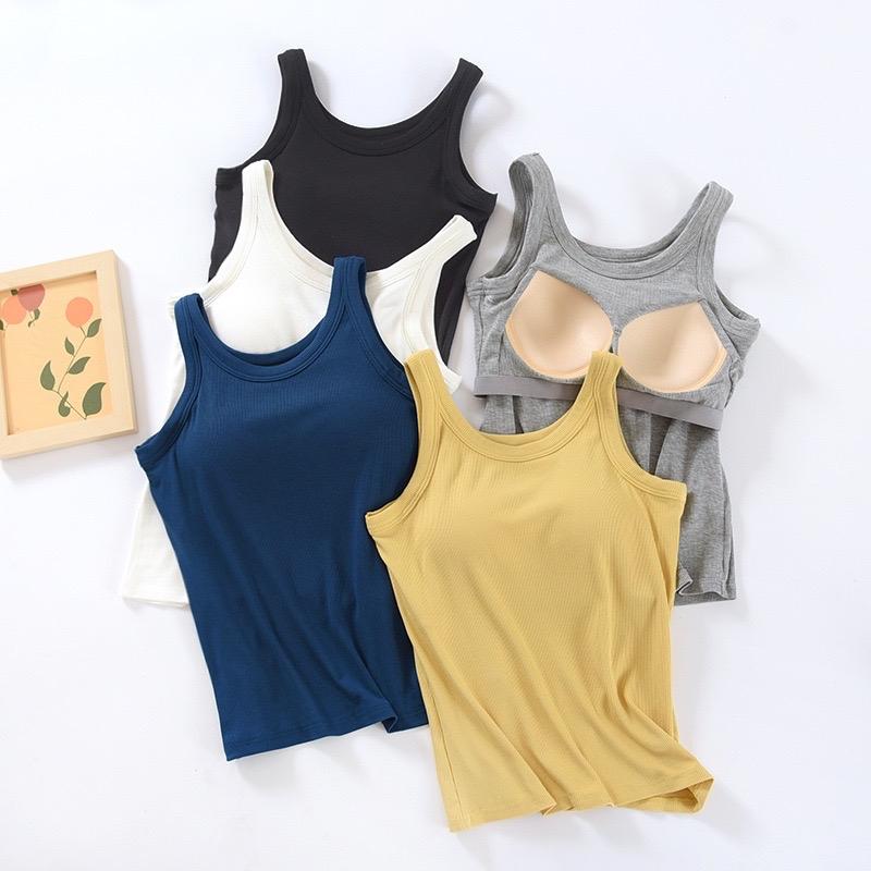 CK02 Áo Ba Lỗ Có Đệm Dáng Dài Chất Liệu Thun Tăm Tích Hợp Đệm Ngực Dành Cho Nữ