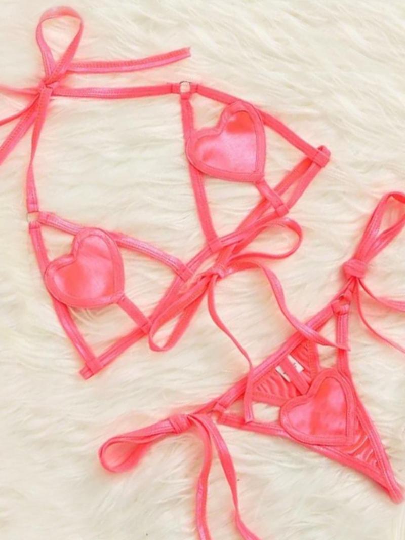 Product Introduction of Women's Heart Design Cut Out Ring Linked Sexy Lingerie Set, Chic Sexy Halter Neck Tie Back Bra & Tie Side Thong Set, Ladies Underwear Set for Indoor Wear 18