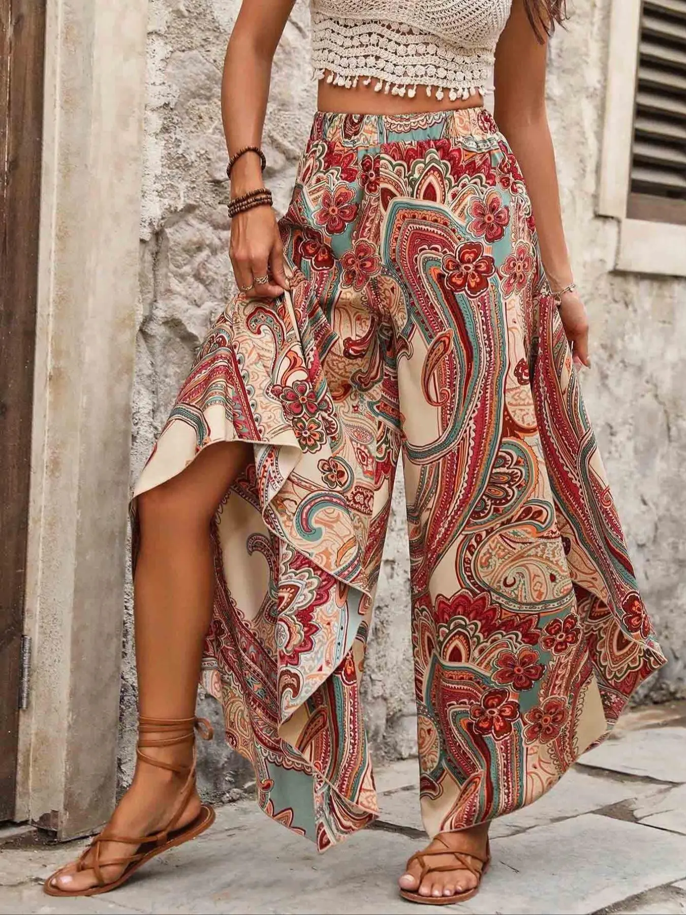 Women's Ethnic Pattern Wide Leg Pants, Casual  Boho High Waist Trousers for Daily Holiday Vacation Wear, Casual Ladies Bottoms for Spring & Fall