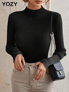 YOZY Women's Solid Mock Neck Ribbed Sweater, Casual Slim-fitting Long Sleeve Jumper for Fall & Winter, Women's Knitwear for Daily Wear