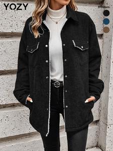 YOZY Women's Solid Button Front Pocket Thermal Lined Corduroy Coat, Casual Drop Shoulder Long Sleeve Outerwear for Fall & Winter, Ladies Clothes for Daily Wear