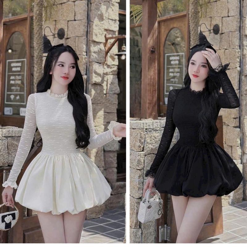 váy đi chơi nữ  kiểu váy ngắn cổ tròn tay dài kiểu váy dễ thương sang chảnh Women Dress Khuy Ren Màu Trắng Voan