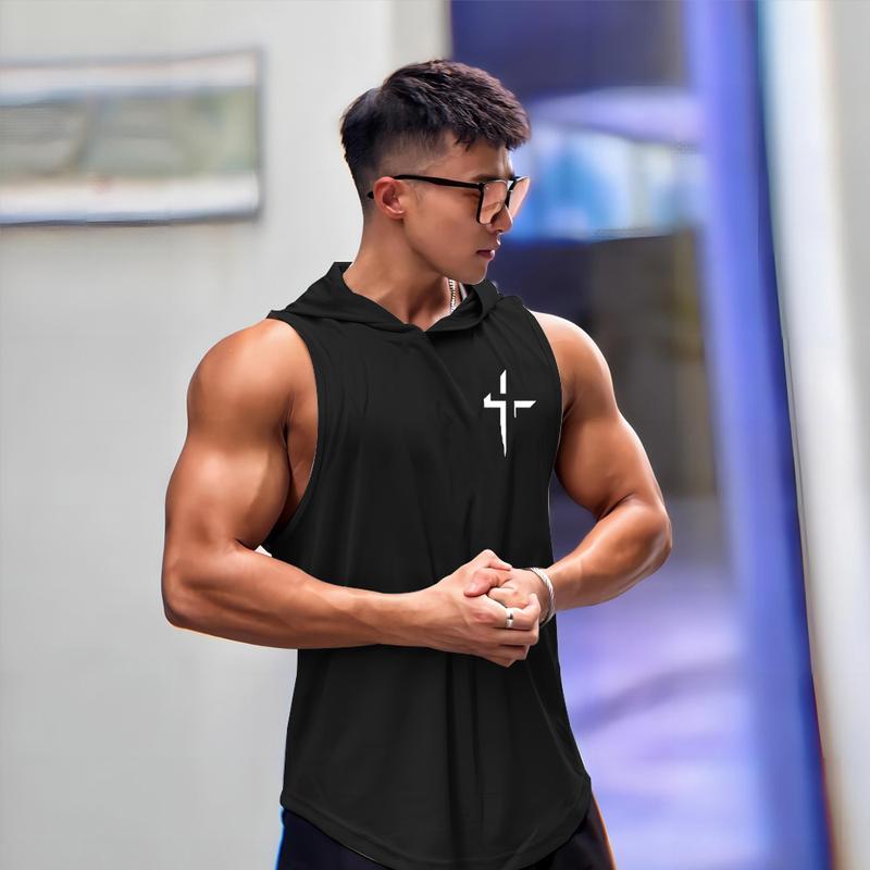 Product Introduction of Men's new hooded vest sports comfort fitness exercise running quick-drying vest print new multi-color 3