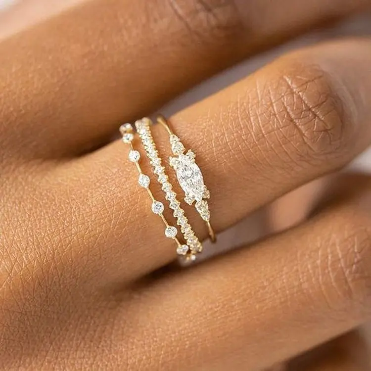 New 3-Piece Set 14K Gold Plated Simulated Zircon Ring Noble Princess Engagement Anniversary Luxury Jewelry Ring Set
