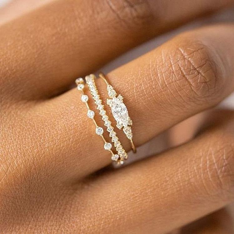 Product Introduction of New 3-Piece Set 14K Gold Plated Simulated Zircon Ring Noble Princess Engagement Anniversary Luxury Jewelry Ring Set 0
