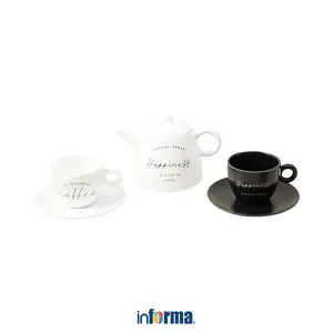 Informa Appetite 700 ml Set 5 Pcs Brielle Teko Teh & Cangkir Dengan Saucer - Putih/Hitam Ceramik Minum Sajian Peralatan Perlengkapan