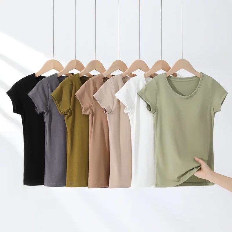 786 Áo Cộc Tay Có Đệm Cổ Tròn Dáng Dài Chất Cotton QCCC Nữ Top