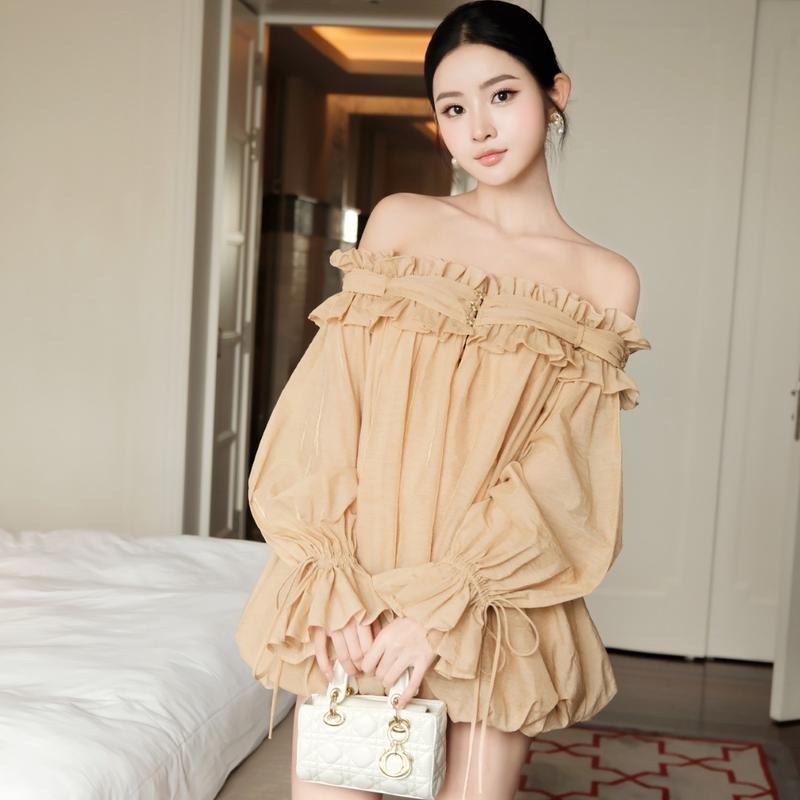 Khiết - Set váy bí trễ vai bèo nhúng màu nâu nhạt kèm quần lụa rời Khiết phong cách nữ tính KS278