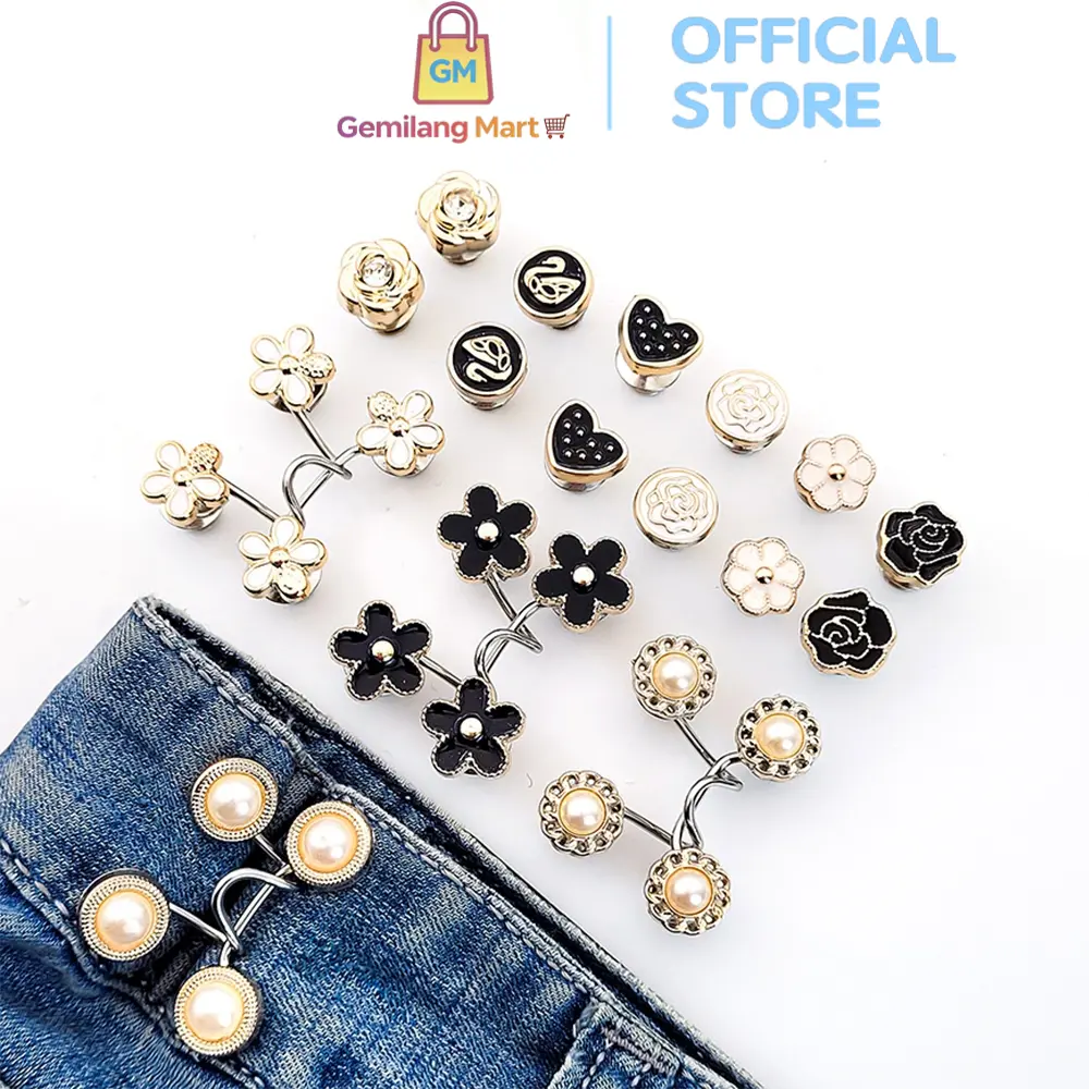 (Gemilang Mart) Kancing H771 Pengecil Jeans Lingkar Pinggang Adjustable Unisex 4 Pcs Motif Daisy Simple Serbaguna