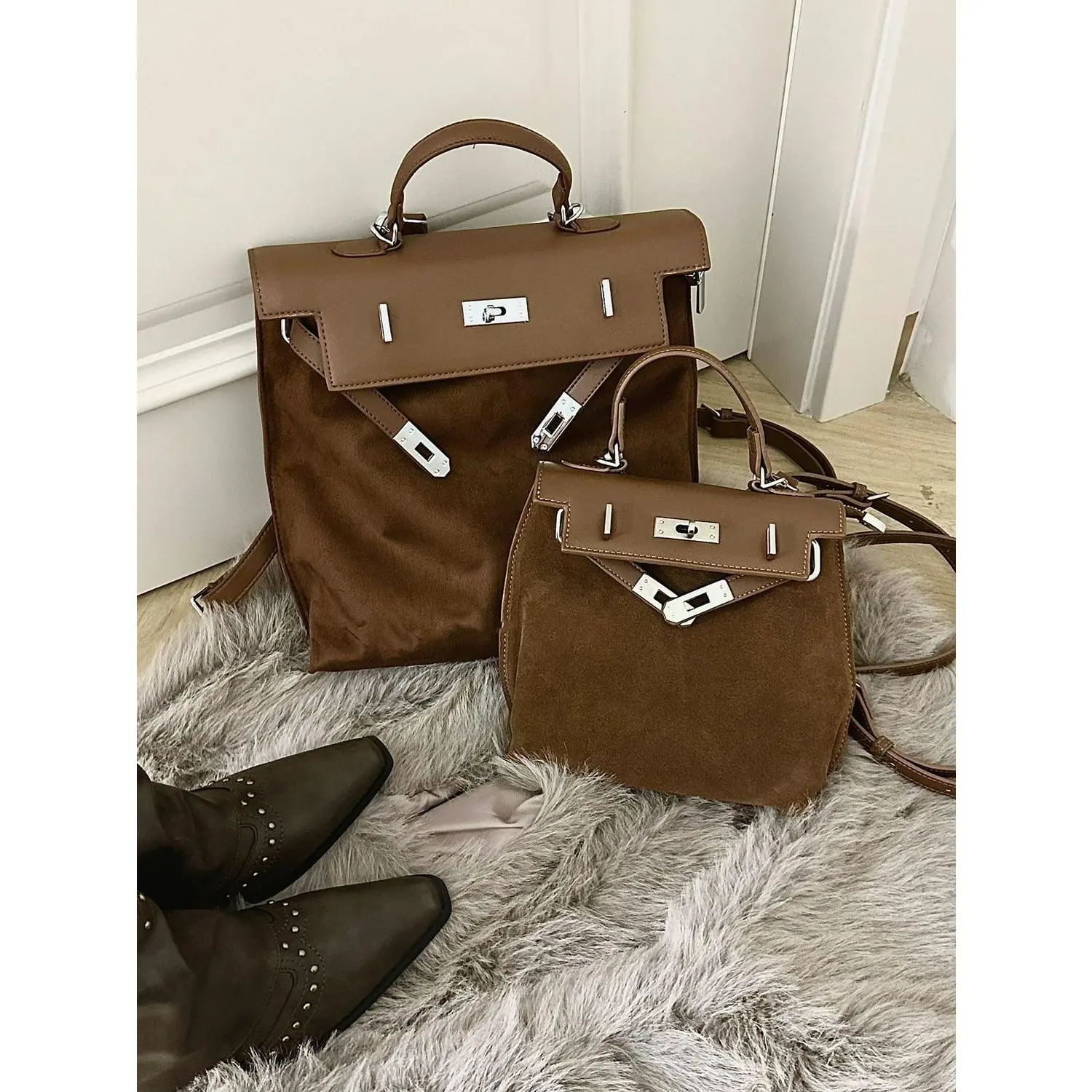 2025 Autumn Large Capacity Suede Maillard Maple Brown Backpack 2023 New Versatile Student Backpack Handbag