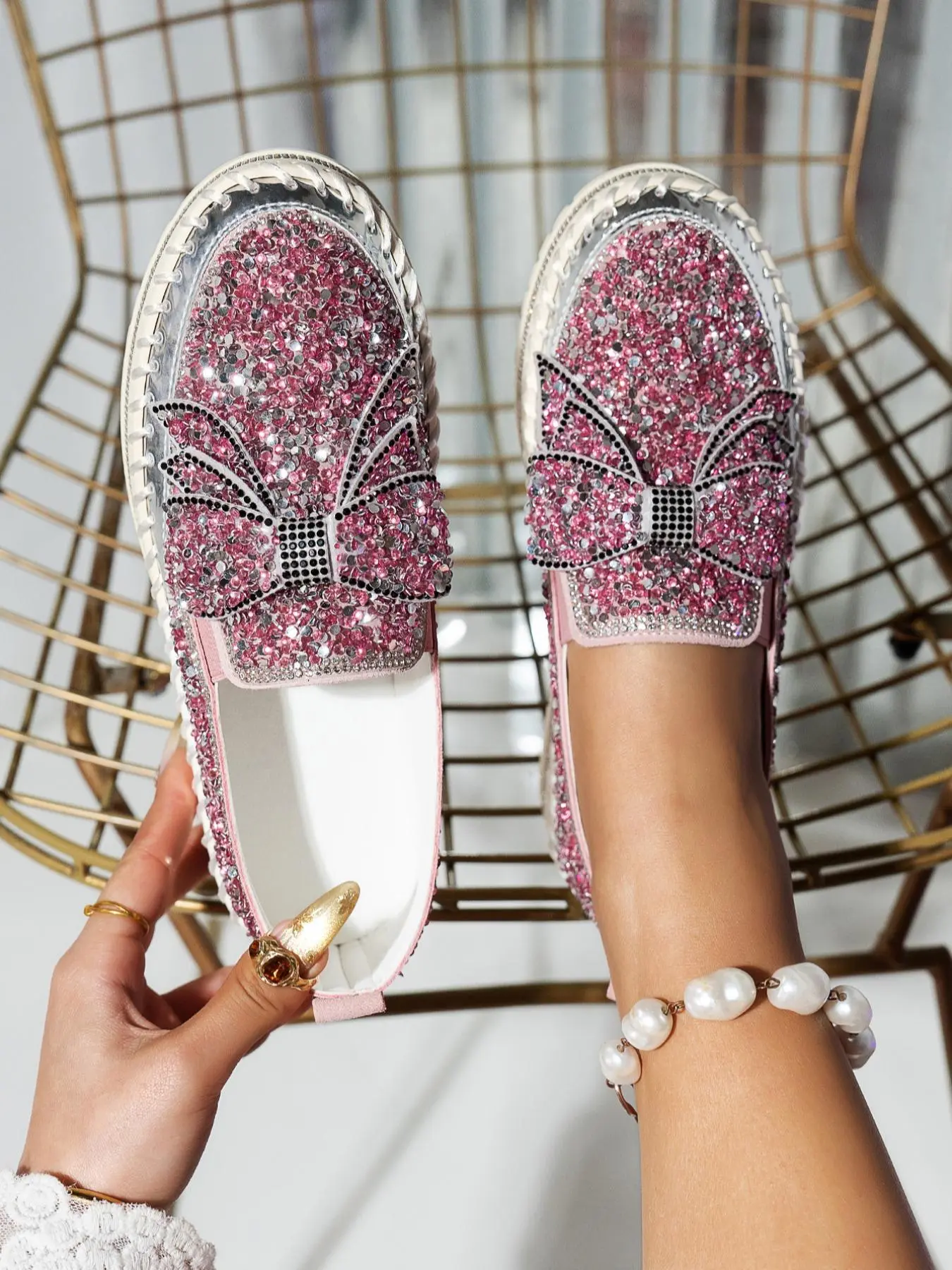 Women's Rhinestone Bow Decorated Slip on Loafers, Fashionable Glitter Design Loafers for Daily Wear, Casual Comfortable Shoes for Women & Girls