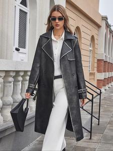 Women's Contrast Binding Double Button Belted Trench Coat, Elegant Pocket Lapel Long Sleeve Coat for Fall & Winter, Women's Clothing for Daily Wear