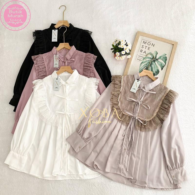 Xoba LD 110,116 cm dan LD 120 cm 3544 Atasan Wanita Blus Poka Baju Panjang Kasual Brokat Renda 3