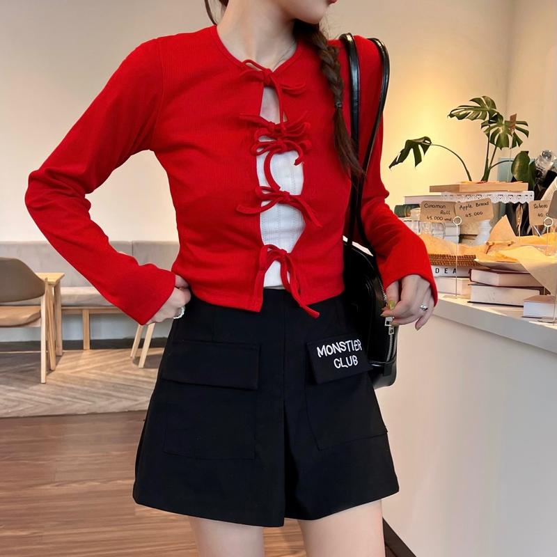 Áo Khoác Cardigan Nữ Tay Dài Croptop Cột Nơ Xinh Xắn Màu Đỏ Giáng Sinh -Tết - Monstier Classic Bow Top 5