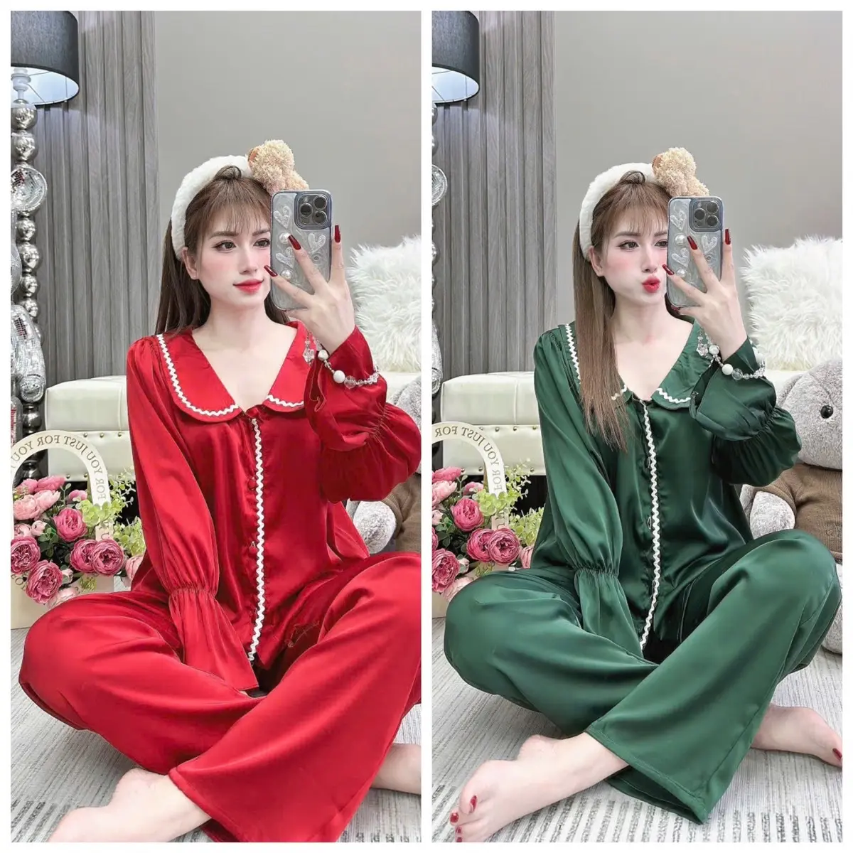 Bộ mặc nhà bộ latin mẫu màu loang xinh 40/60kg mặc vừa.bộ tiểu thư tay dài quần dài viền ren,cúc bọc ,bộ  ngủ xinh Nữ Women Quần Ngủ Áo Ngủ Nho Dài Tay