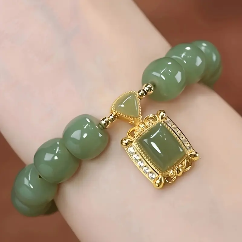 Vòng Tay Đính Cườm Ngọc Bích Giả Màu Xanh Lá Cây, Đồ Trang Trí Trang Sức Tay Thanh Lịch, Phong Cách Trung Quốc, 1 Cái