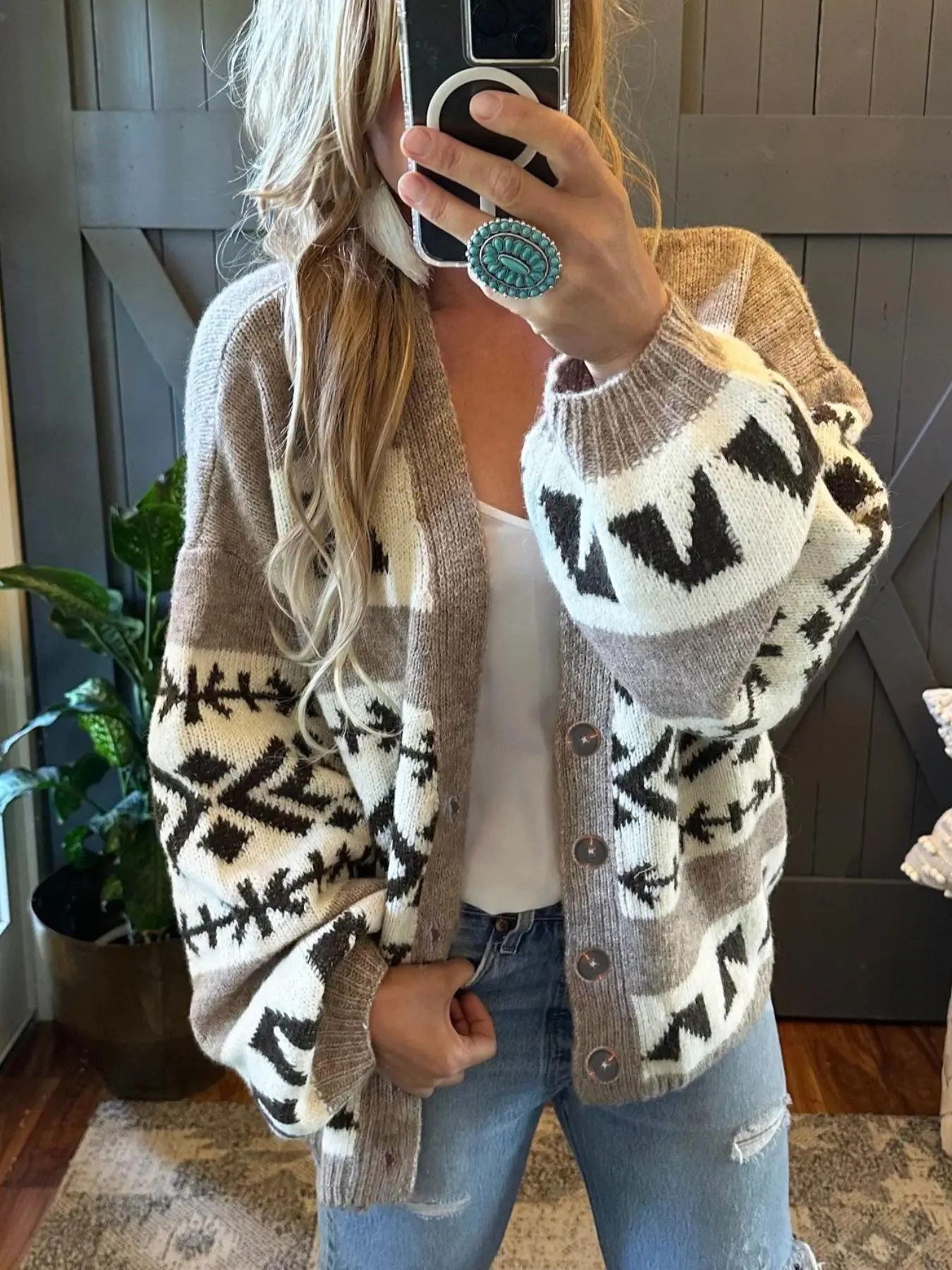 Women's Patchwork Geometric Print Button Front Cardigan, Casual Elegant Drop Shoulder Lantern Sleeve Knitwear, Cardigans for Women, Fashion Ladies' Knit Clothing for Daily Wear, Workwear for Women, Crochet Cardigan