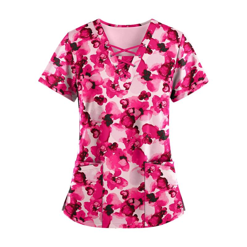Product Introduction of Women Print Nurse Uniform Plus Size Summer Short Sleeve V-neck Tops Nursing Working Uniform T-shirts Clinic Protective Clothing 17