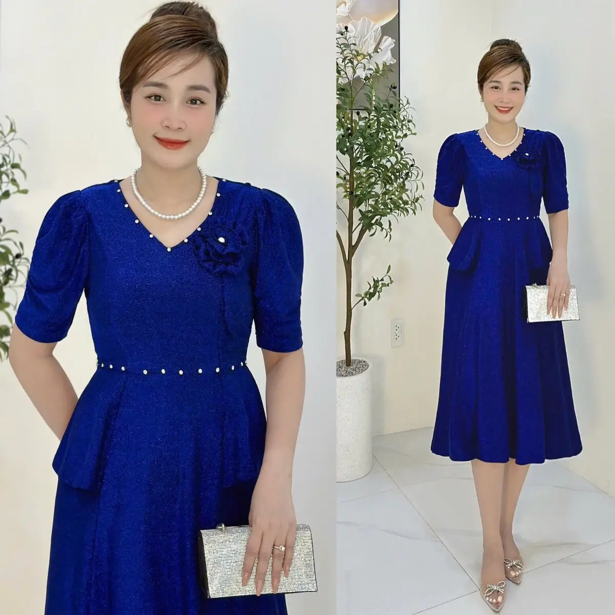 Đầm Trung Niên M672 Vải Nhủ co giãn đính đá DMC cho mẹ đi chơi dự tiệc Ôm gọn Thanh lịch Dress Váy Nữ Đỏ Women  Màu Trắng Thun Lệch Vai
