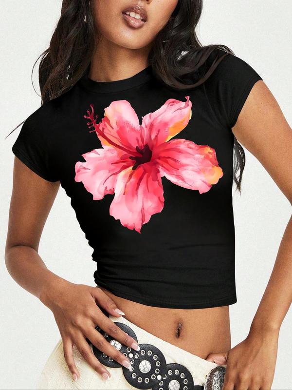 Women's Floral Print Round Neck Crop Tee, Y2K Casual Short Sleeve Crew Neck T-Shirt for Summer, Fashion Women's Top for Daily Wear 2