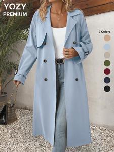 YOZY Women's Solid Double Button Belted Trench Coat, Casual Lapel Collar Long Sleeve Coat for Fall & Winter, Women's Clothing for Daily Wear