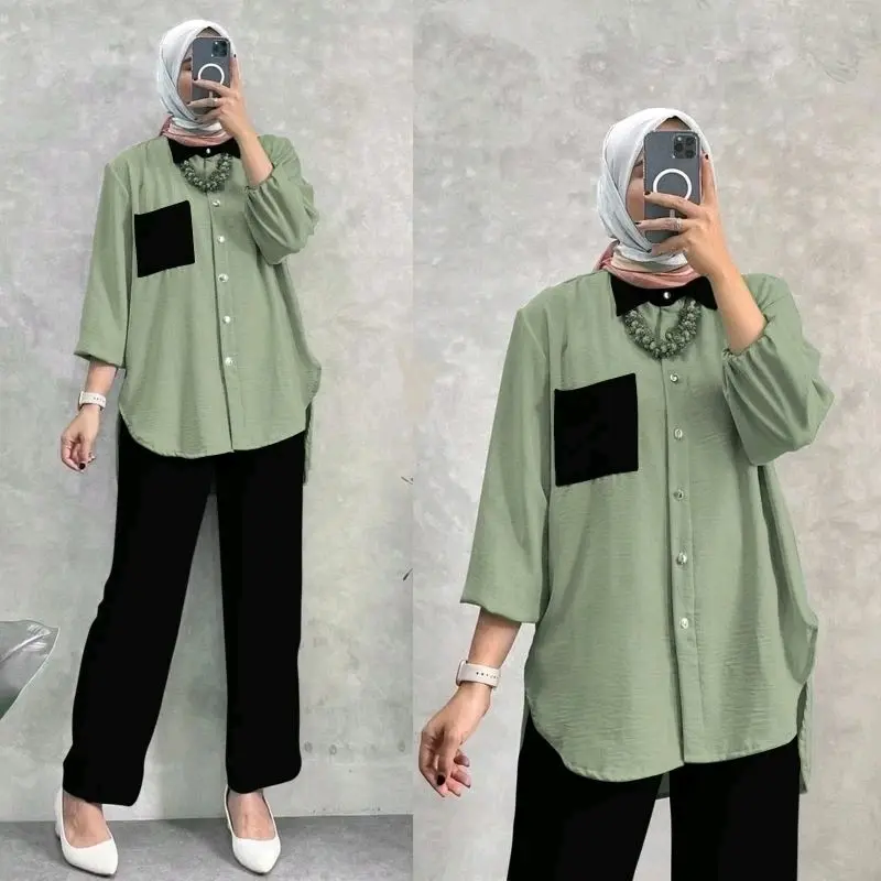 Alllena One Set Kringkel Airflow Premium Terbaru | Setelan Cringkel Airflow Premium Busui - Atasan Celana Kombinasi Crinkle Kancing Muslim Karet Nyaman Panjang Variasi Baju 1