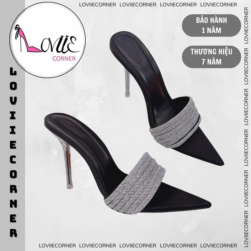 LOVIIECORNER - GUỐC NỮ THỜI TRANG BỐN QUAI NGANG MẢNH ĐÍNH ĐÁ QUAI BỐN DÂY ĐÁ ÔM CHÂN - GUỐC CAO GÓT MŨI NHỌN, GÓT ĐŨA CAO 9 PHÂN - D230503