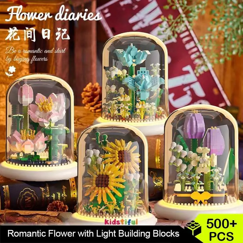 Bunga Tulip Bunga Romantik Dengan Blok Bangunan LED, Mainan Atas Meja Kreatif, Hadiah untuk DIY, Bunga Tulip Toys