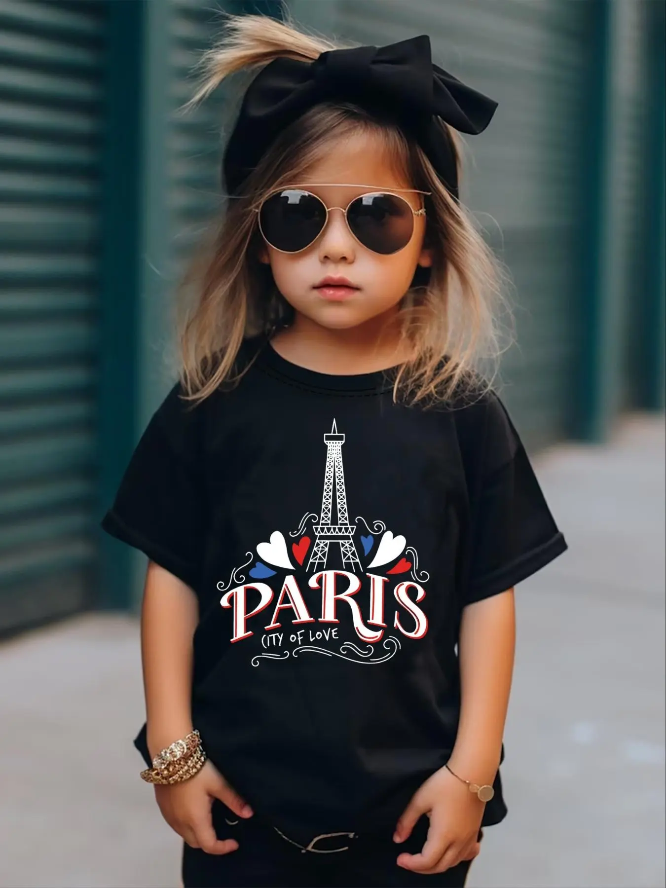 Girl's Letter & Eiffel Tower Print Round Neck Tee, Casual Half  Sleeve Crew Neck T-shirt for Summer, Kids Clothes for Daily Wear