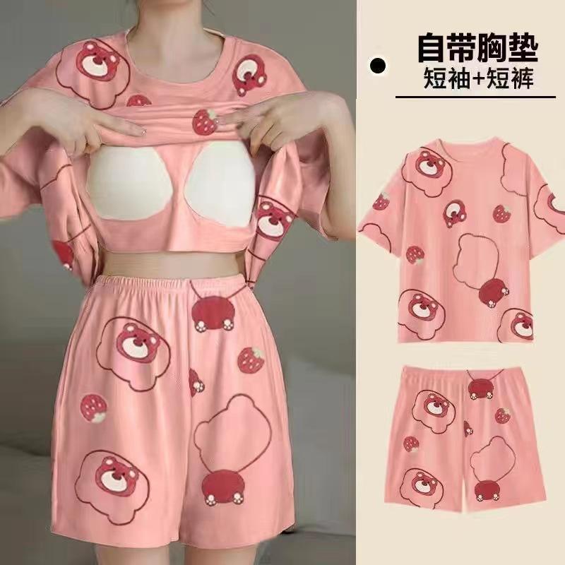 Product Introduction of Pajamas Women's Summer Short Oversleeves Sweet with Chest Pad Korean Cartoon Student Casual Homewear Loose plus Size Summer 42