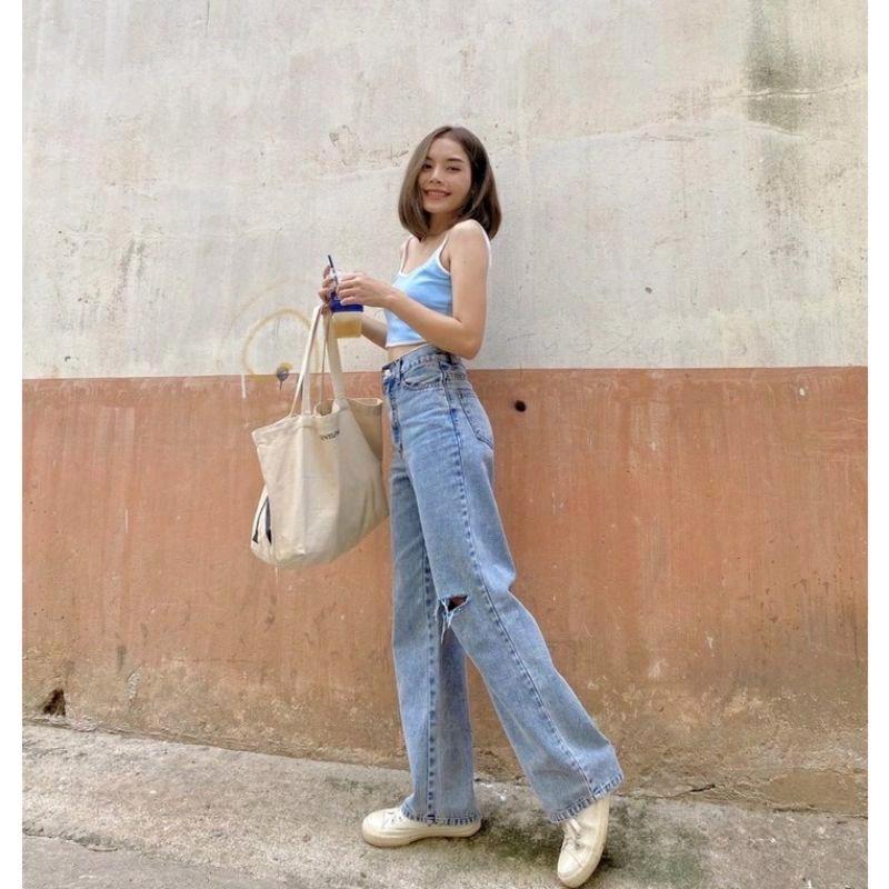 CLARA HIGHWaist KULOT JEANS LOOSE RIPPED PREMIUM Basic High Panjang  Wanita  Celana biru  denim  outfit 2