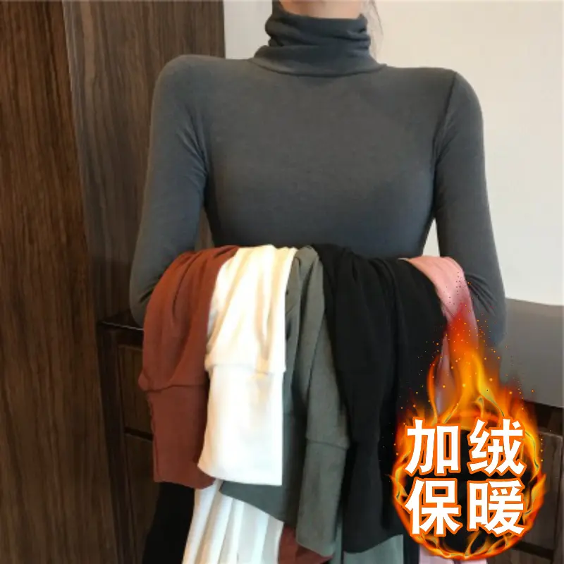 Solid Color Turtleneck Velvet Padded Thermal Bottoming Shirt Women 2023 Korean Autumn and Winter Inner Wear Long Sleeve T-shirt Women's Slim Top Fashion