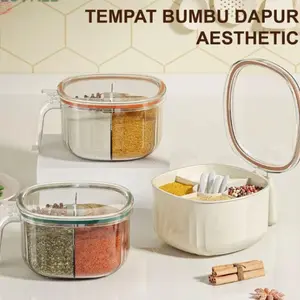 Tempat Bumbu Dapur 4 in 1 dengan Sendok, Wadah Bumbu Cantik Multifungsi, Kotak Penyimpanan Bumbu 4 Sekat untuk Dapur Rapi