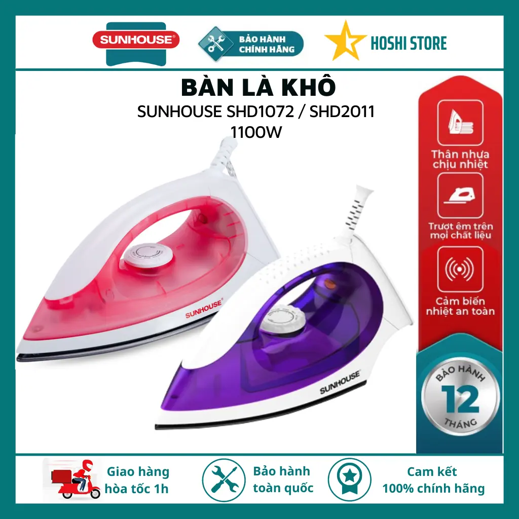 Bàn ủi, Bàn là khô chính hãng SUNHOUSE SHD1072/2011, bảo hành toàn quốc 12 tháng