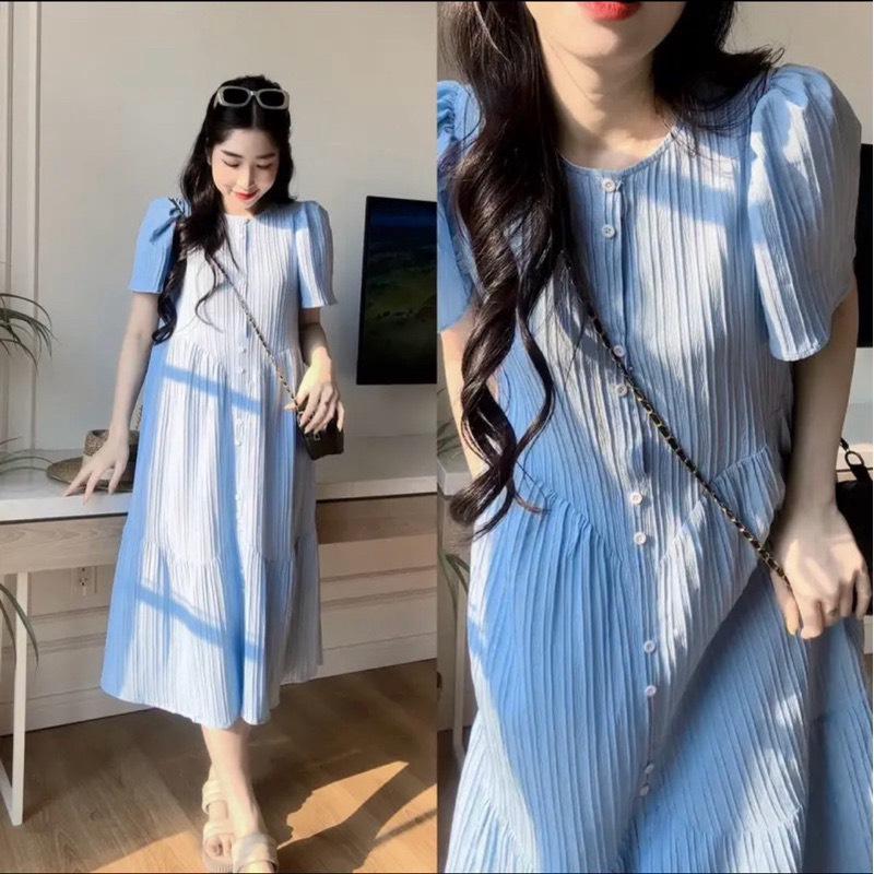 Váy babydoll, Đầm váy bầu Babydoll ba tầng gài cúc from rộng chất Đũi gân Nữ Women Voan Voi Dress 5