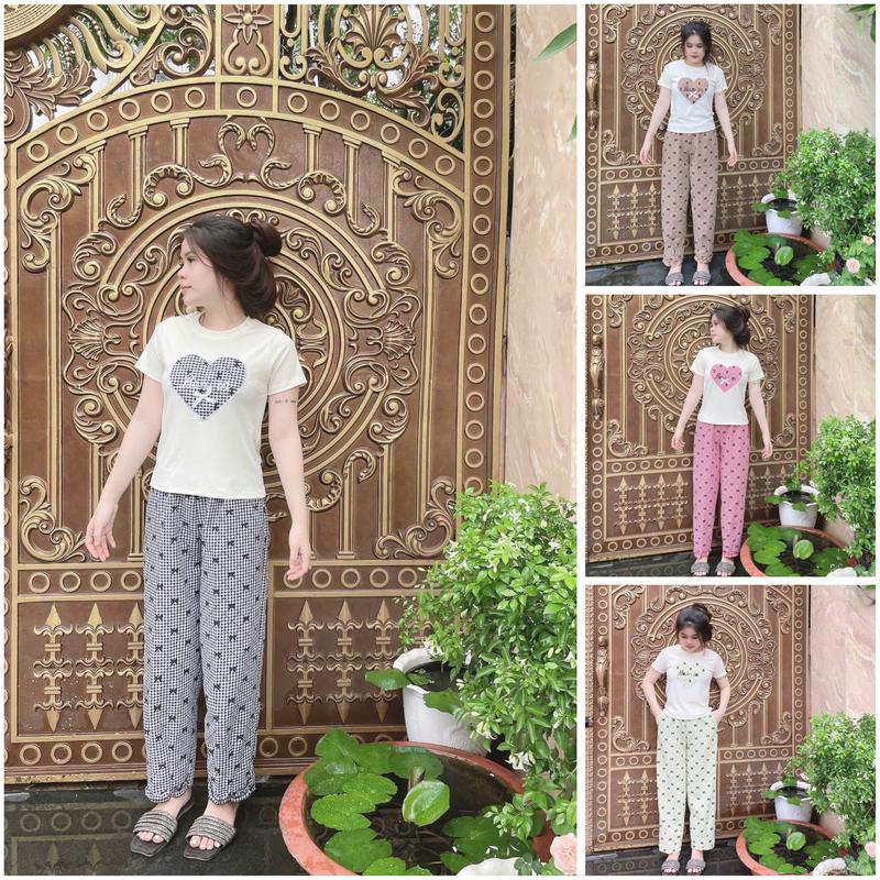 Sét bộ quần baggy đũi carro nơ phối áo baby tee thêu tim trẻ trung thời trang