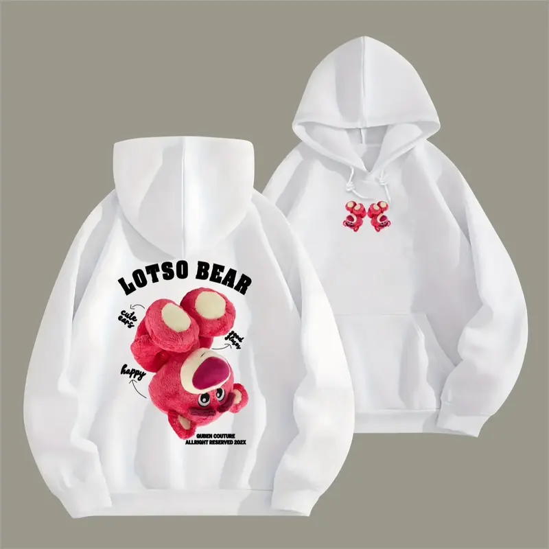 Áo khoác hoodie nỉ unisex chui đầu gấu hồng gấu dâu lotso ngược chổng đầu dài tay menswear Trắng 1