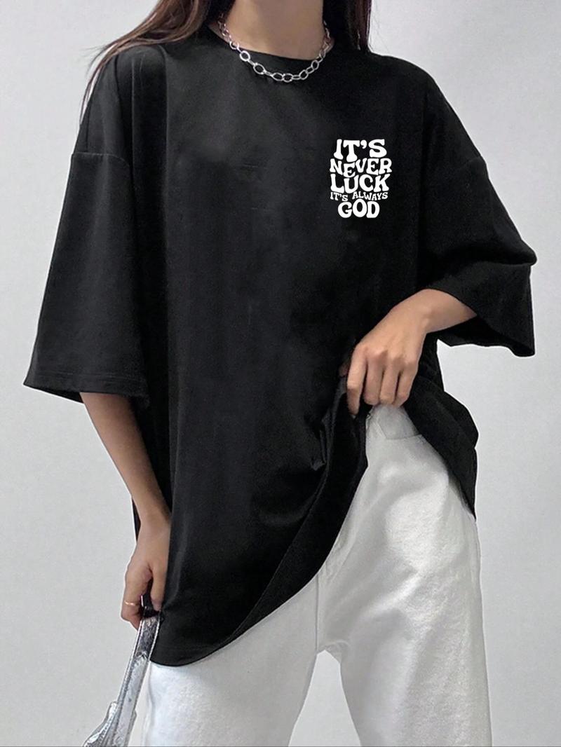 Product Introduction of Women's Letter Print Drop Shoulder Tee, Casual Half Sleeve Round Neck T-shirt, Women's Top for Summer Daily Wear 1
