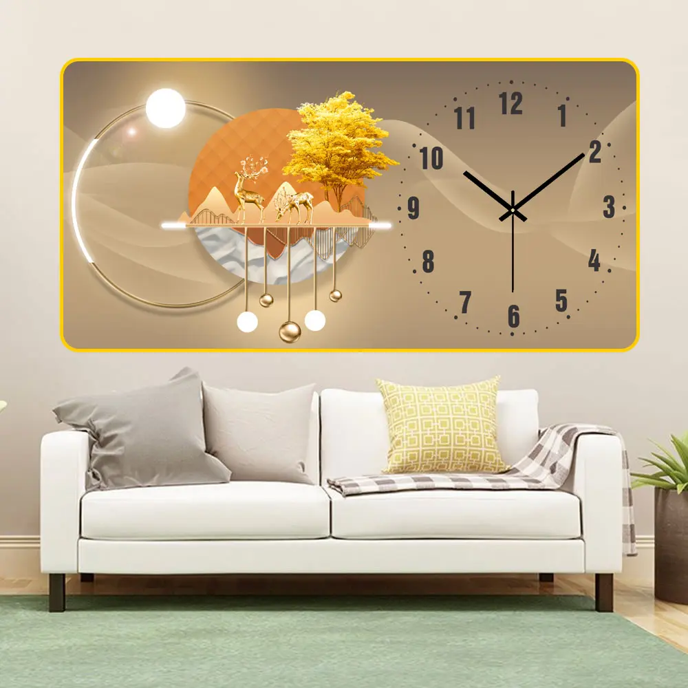 Tranh đồng hồ treo tường tráng gương pha lê UV hươu nai nghệ thuật cao cấp giá rẻ siêu đẹp {Tặng kèm pin,đinh treo}