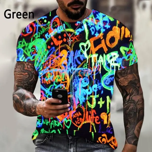 Printed Casual 3D Graffiti Print T-shirt Men's and Women's Casual Hip-hop Streetwear Neon Color Music Art Shirt Summer Fashion Menswear Top Clothing Polyester