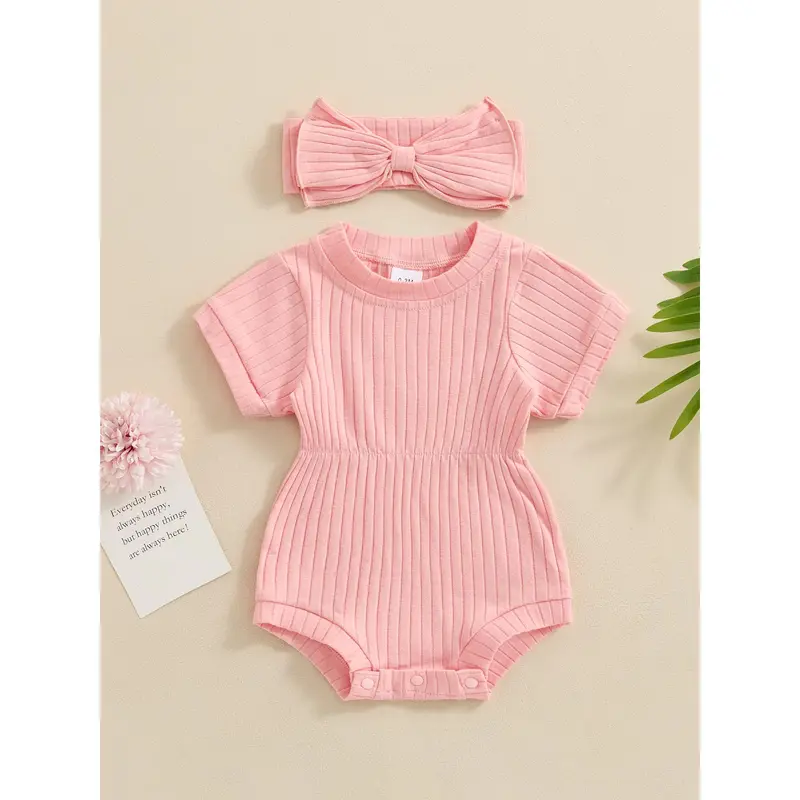Trang phục cho bé gái sơ sinh, Bodysuit ngắn tay cổ thuyền đồng màu với băng đô nơ Quần áo mùa hè 8