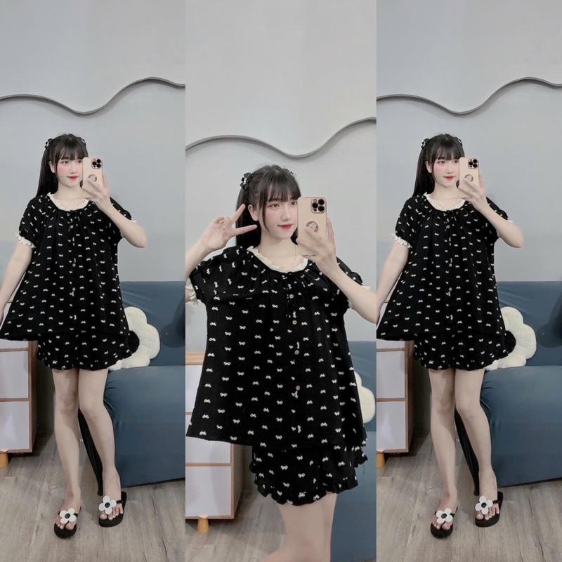 BỘ BẦU ĐÙI ĐŨI HÀN IN NƠ CỔ VUÔNG REN-CỔ BO CHUN -4 màu, quần có chun chỉnh 5