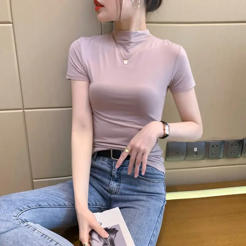 Áo Thun Nữ Tay Ngắn Cổ Lọ Nửa, Lớp Nền Mỏng, Chất Liệu Lụa Lạnh Áo Bó Sát Cổ Lửng Thích Hợp Cho Mùa Xuân Và Mùa Hè, 2024
