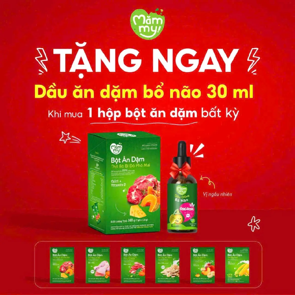 Tặng dầu Oliu Bột ăn dặm cho bé Mămmy gồm yến mạch, sữa bắp non,trái cây,cháo sườn heo,thịt bò,gà hầm hộp 140g