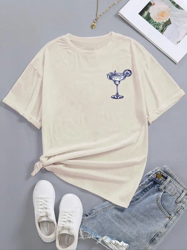 Women's Letter Beverage Graphic Round Neck Graphic Tees, Plus Size Clothes Uk, Fashion Casual Drop Shoulder Short Sleeve T-shirt for Summer Beach Party, Vintage Graphic Tees, Tops for Women, T Shirts for Women, Tops That Hide Stomach, Womenswear 6