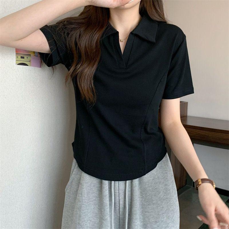 Product Introduction of Summer New Korean Style Polo Collar Solid Color Short-Sleeved Top for Women Slim Casual All-Match T-shirt Women 21