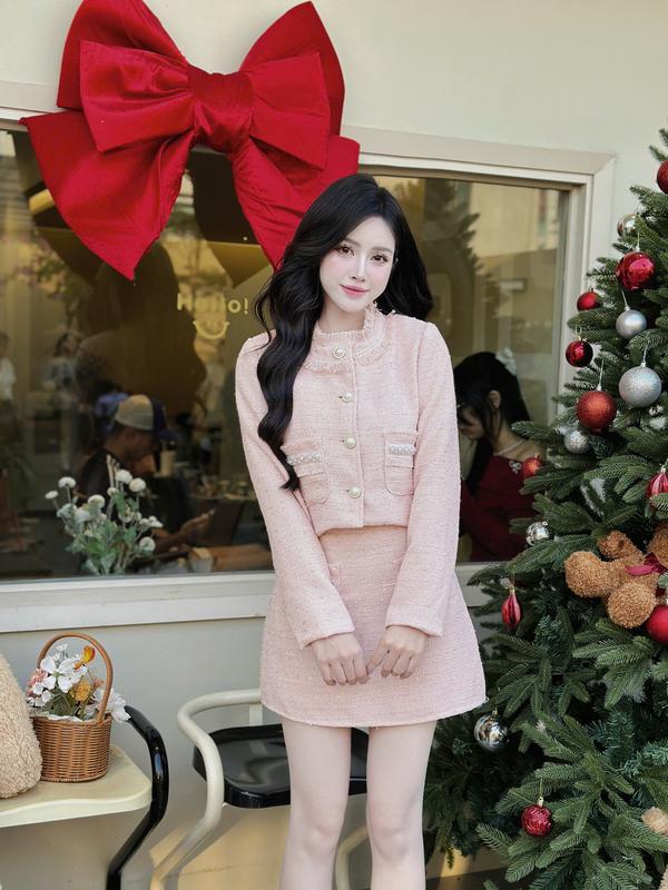 Set dạ cao cấp viền ngọc tua rua 2 túi khuy ngọc tiểu thư Nữ Áo Women Top Nhung Sen Voi