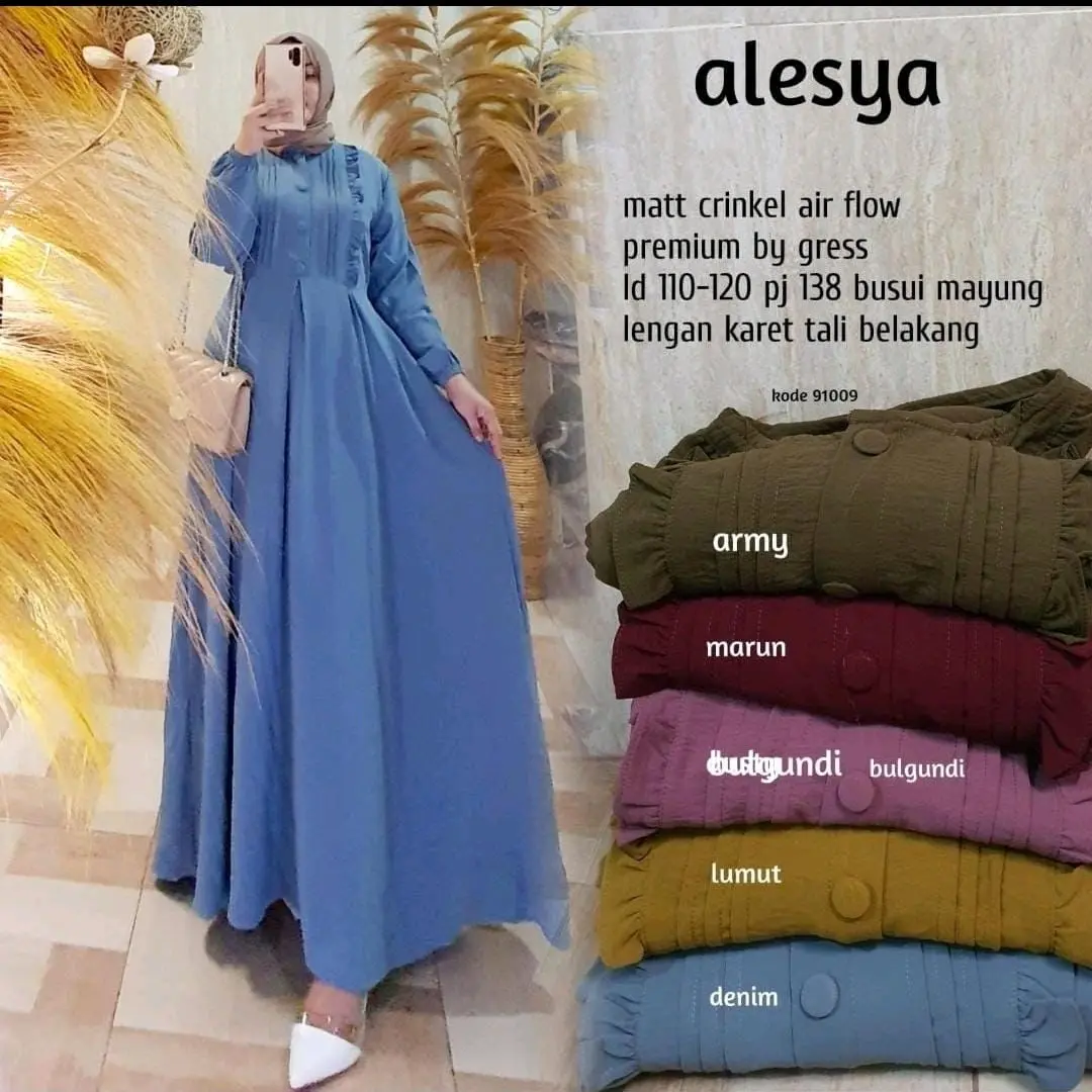 Gamis Alesya Bahan Cringkle/Dress Wanita Bahan Cringkle Ld 110 Busui Airflow Kancing Muslim Crinkle Muslim Crinkle